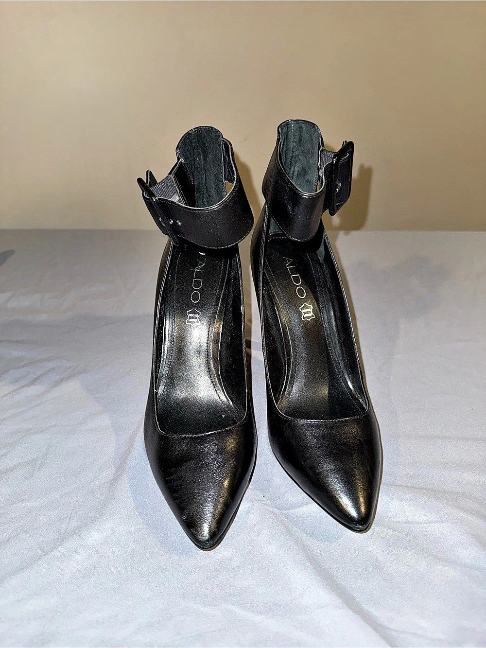 ALDO Black Pointed-Toe Ankle Strap Heels 7.5